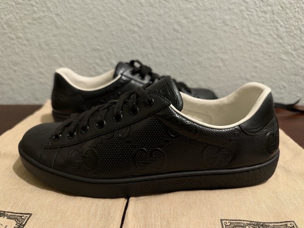 AUTHENTIC GUCCI ACE GG EMBOSSED BLACK SNEAKERS GG 6.5 (USA SZ 7.5)